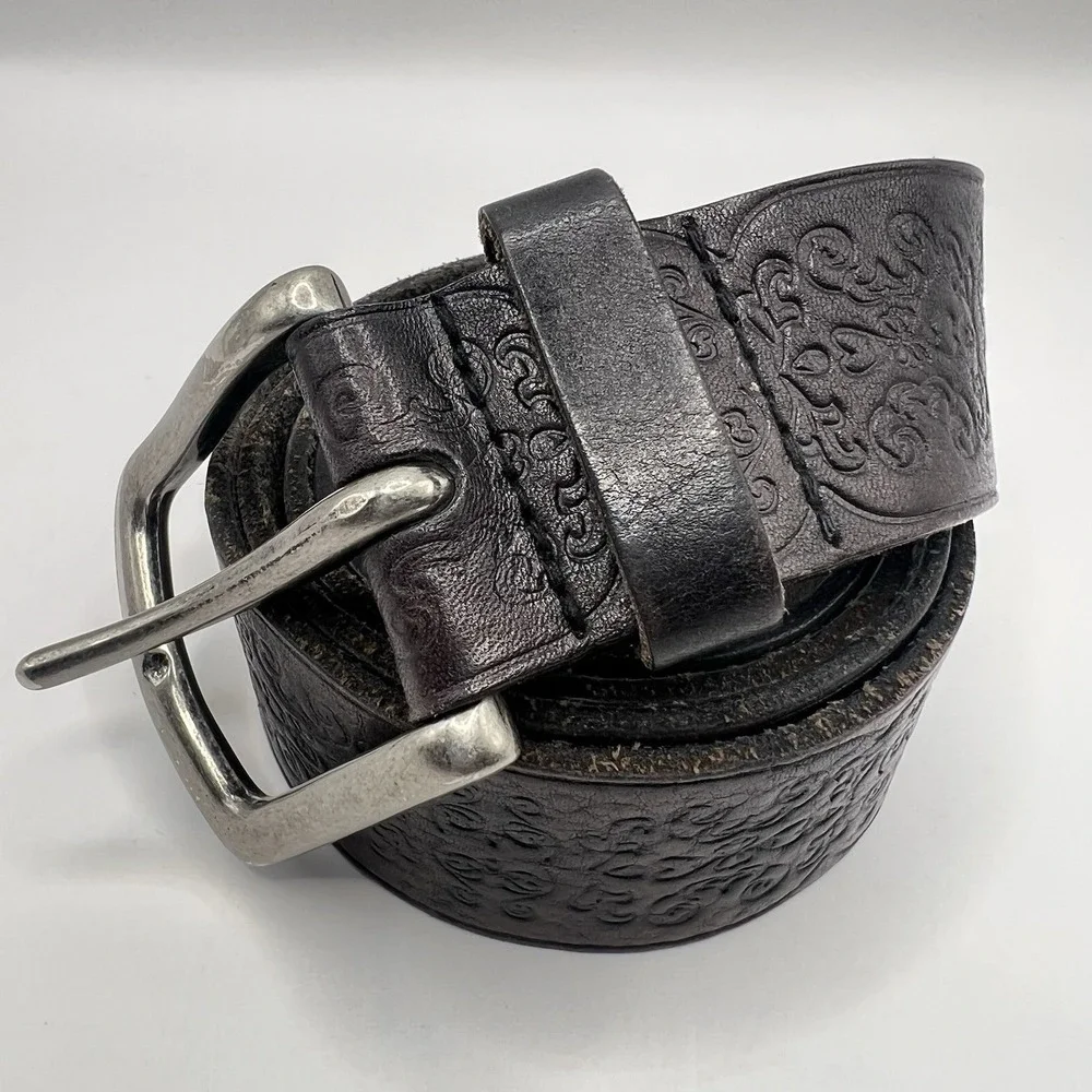 Embossed Tooled Scrolling Genuine Leather Belt 35-40 Brown Western Boho Festival